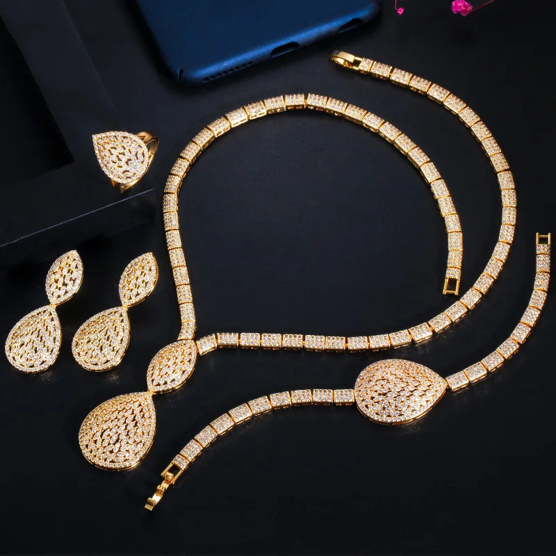 Hollow Design CZ Zircon Party Earring Bracelet Ring Necklace 4pcs Luxury Jewelry Sets African Gold Bridal Costume for Women
