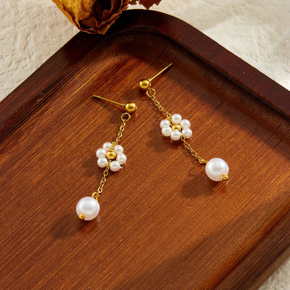 Gold White Flower Pearl Necklace, Earrings & Bracelet Jewellery Set
