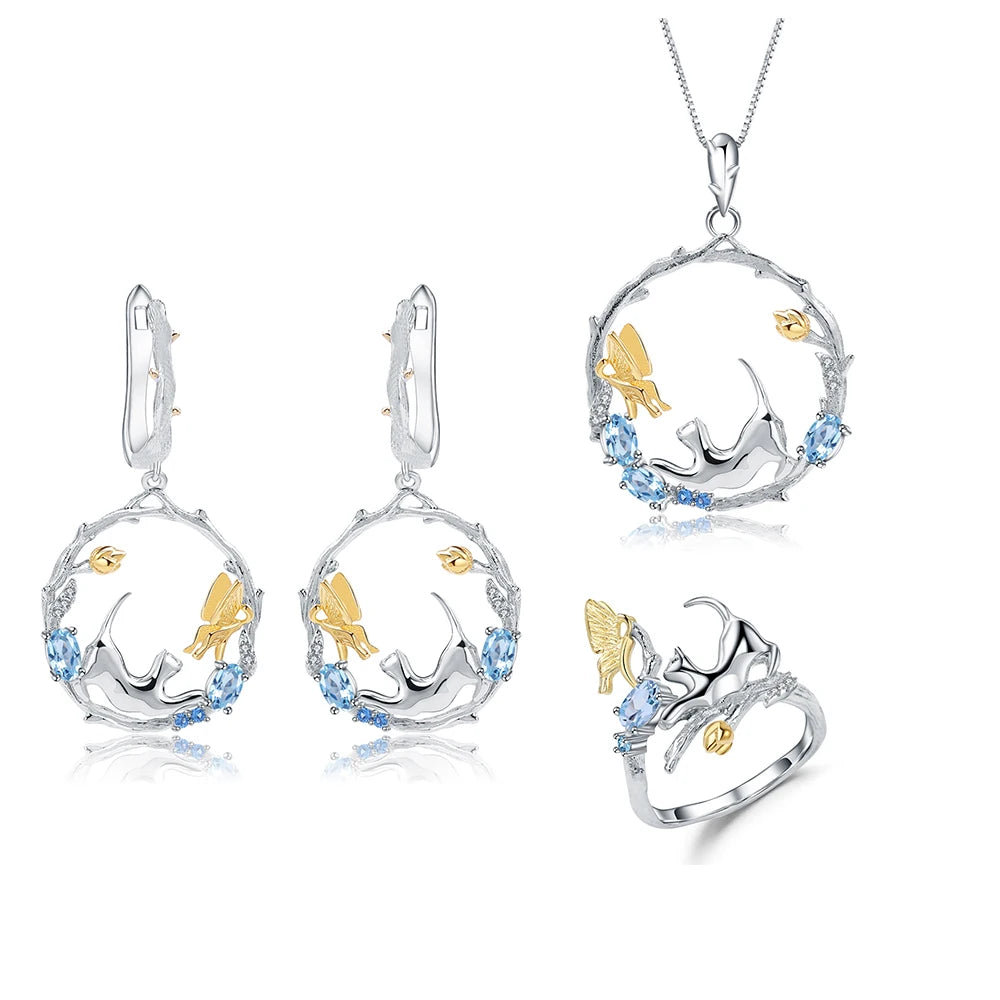 ArtistA C7784 Abiding Original Desig Kitten Chasing Butterfly Geometric Circle Oval Swiss Blue Topaz Drop Earrings Pendant & Ring Set