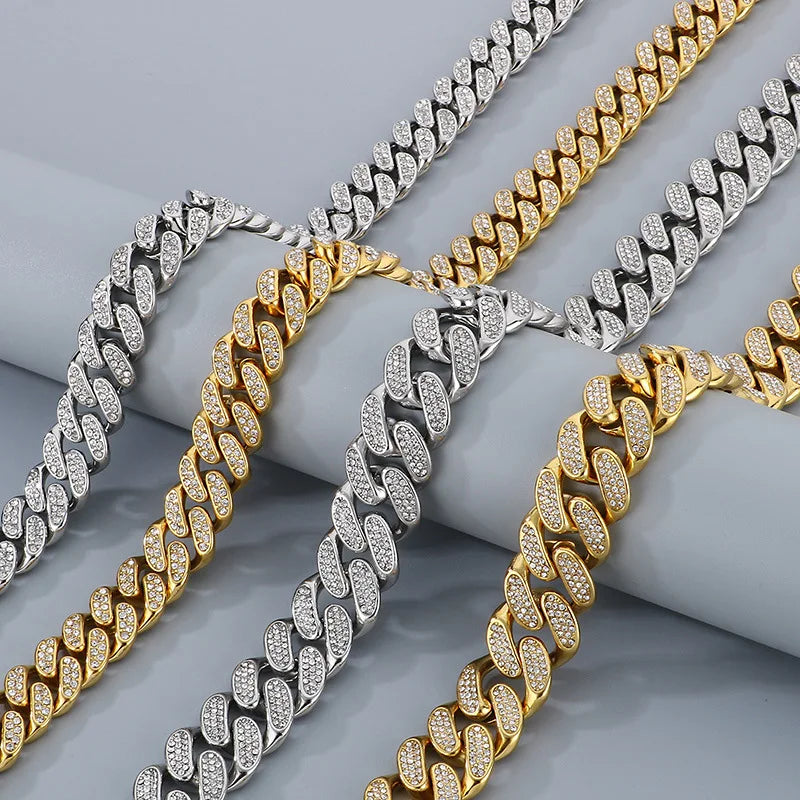 S&S 2PCS/SET European and American Stainless Steel Hip-hop Full Diamond Cuban Chain Stainless Steel Men's Necklace Bracelet Set 2