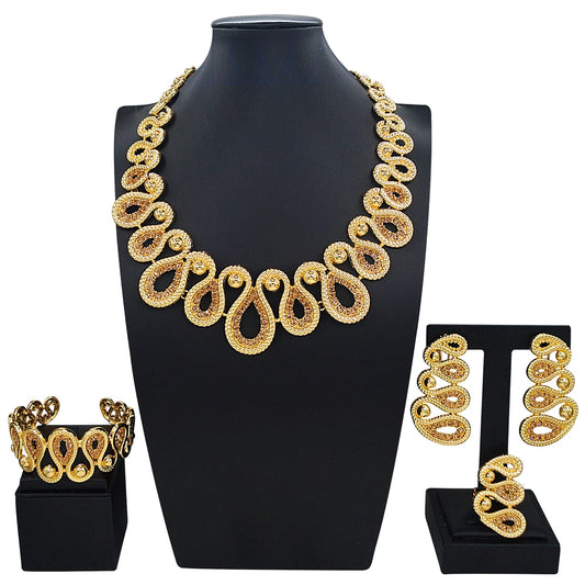 Zhuerrui Retro Infinity Gold Plated Textured Chain Jewelry Set Women Necklace Earrings Bracelet Ring Daily Wear Jewelry I0100