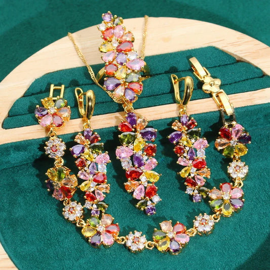 Exquisite Multi-Zircon Gold Color Jewelry Set for Women for Weddings Parties-Includes Bracelet Earrings Pendant Ring Gift