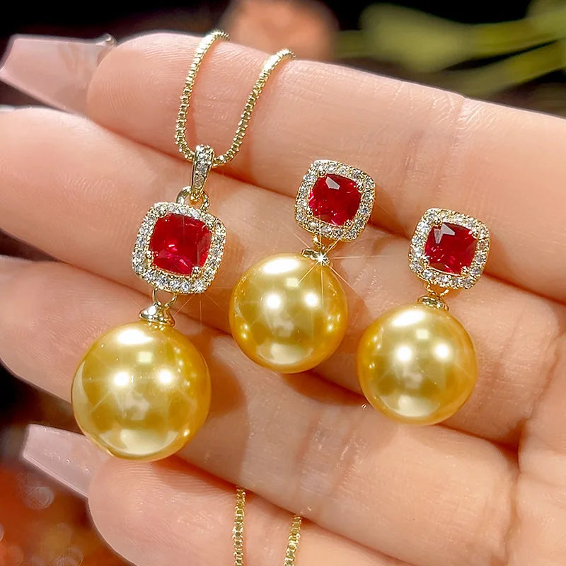 Gemfiori High Quality Luxury Jewelrygolden Pearl Pendant High-end Set for Brides,wedding Rings and Holiday Gifts
