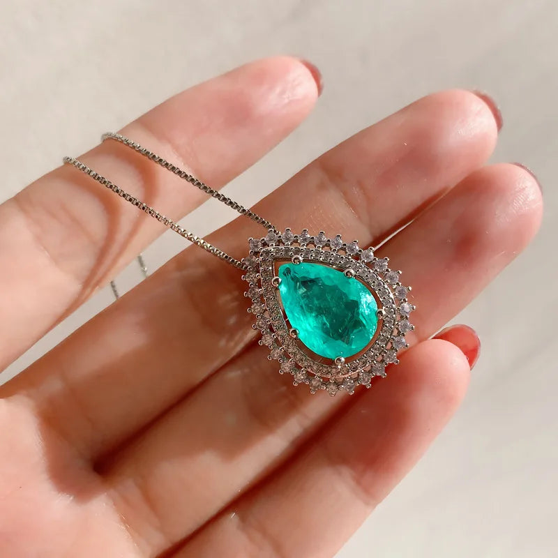 Fashion Eco-friendly Copper 10*14mm Paraiba Zircon Classic Teardrop Pendant Earrings Set Water Drop Jewelry Set for Party