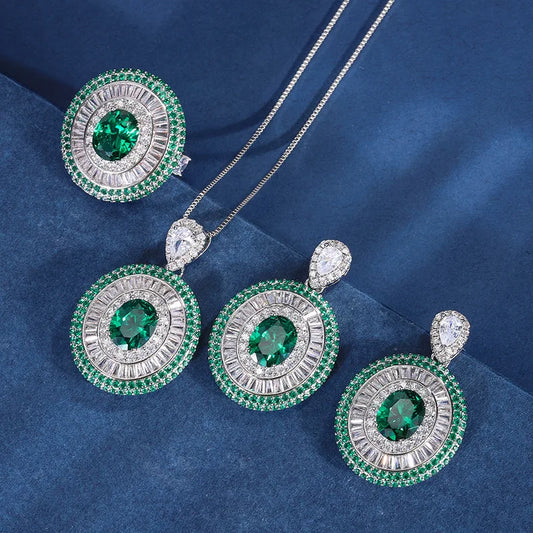 Gemfiori European and American Luxury Jewelry Set with Egg Shaped Emerald Zircon Pendant Ring Earrings High-end Accessories