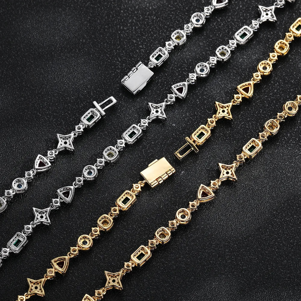 Luxury Geometric Zircon Tennis Necklace for Men and Women Colorful Gemstone Gold Plated Hip-Hop Necklaces