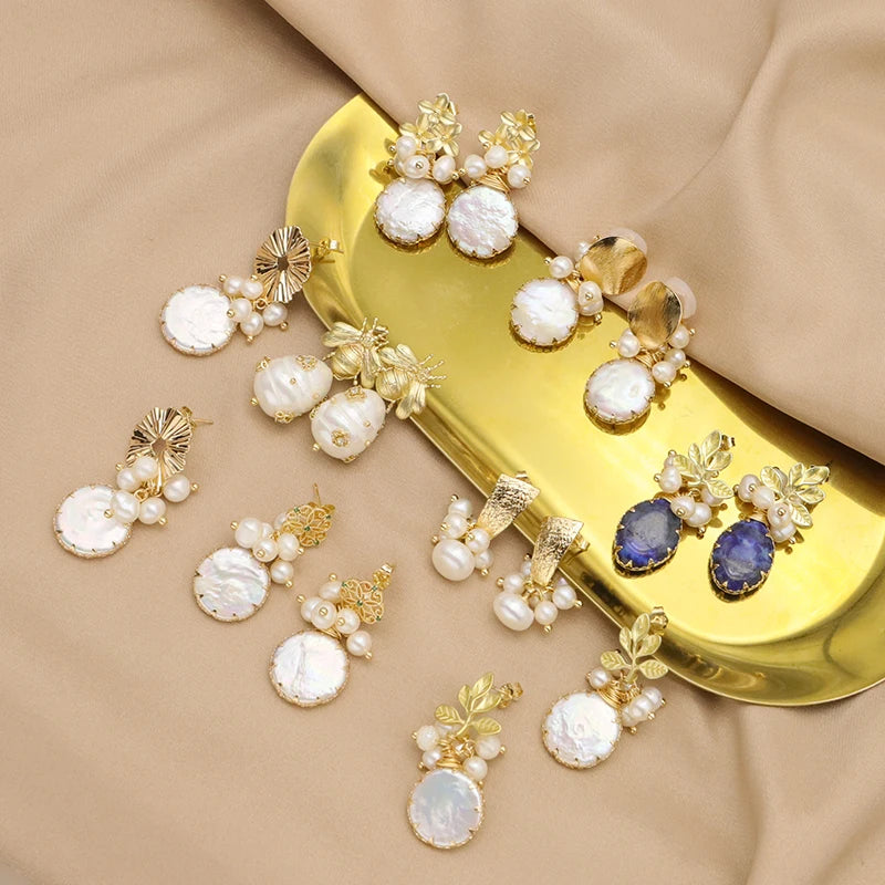 New Yiwu Jewelry Wholesale Natural Baroque Pearl for Women Flower Drop Earrings 18K Gold Plated Fashion Designer Jewelry