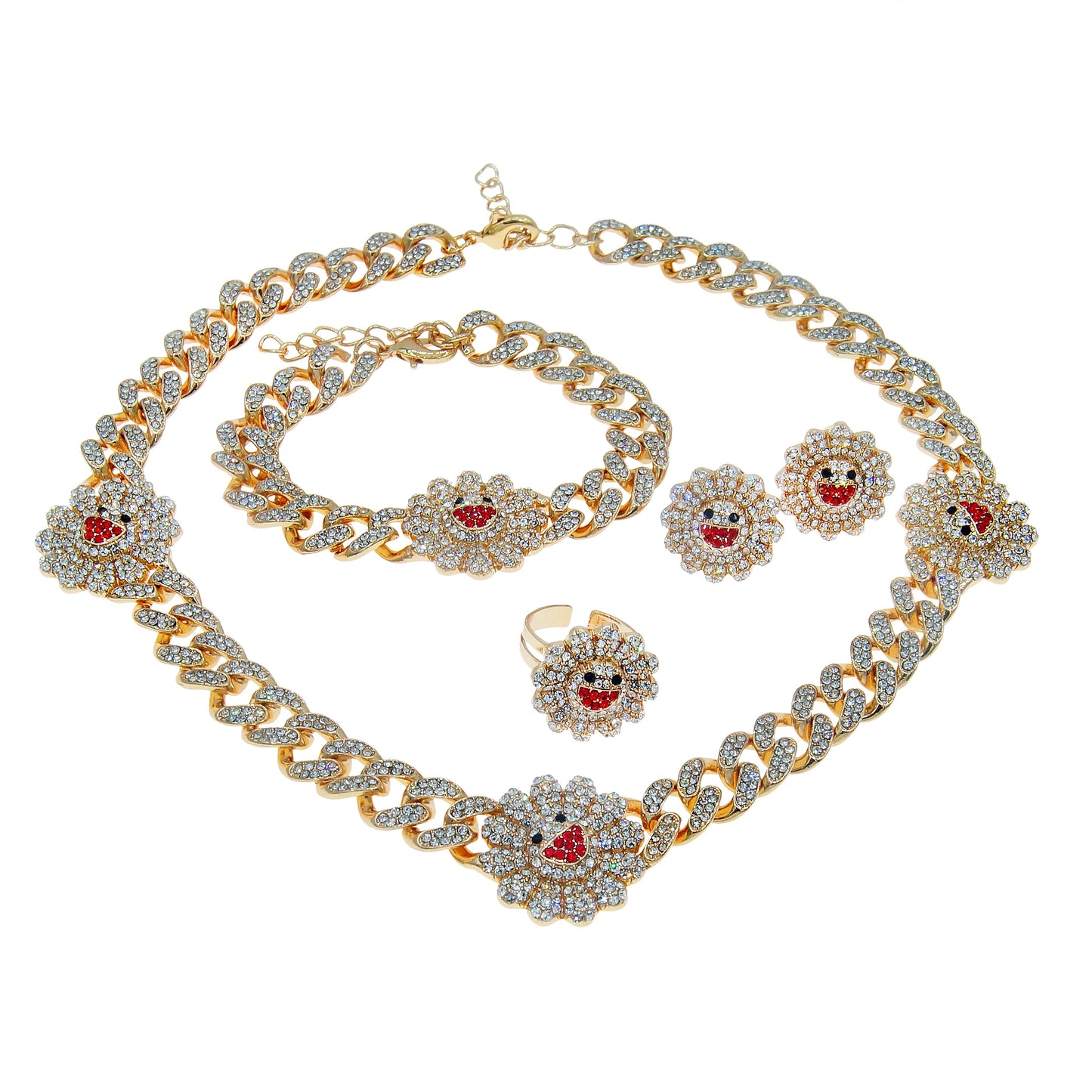 Zhuerrui Gypsophila Hip Hop Style Women's Cuban Chain Jewelry Set Sun Flower Girl Cuban Crystal Exquisit Gold Plated Jewelry Set
