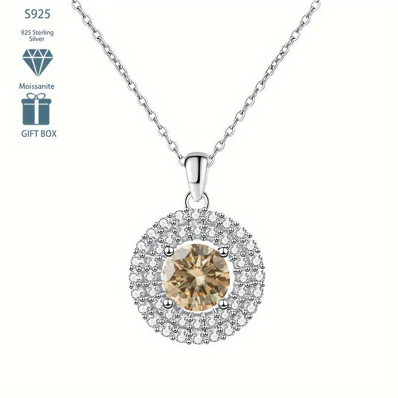 Dainty Double Halo Set Round Cut 1ct VVS GRA Colored Moissanite Jewelry Trendy 925 Sterling Silver Disc Pendant Necklace