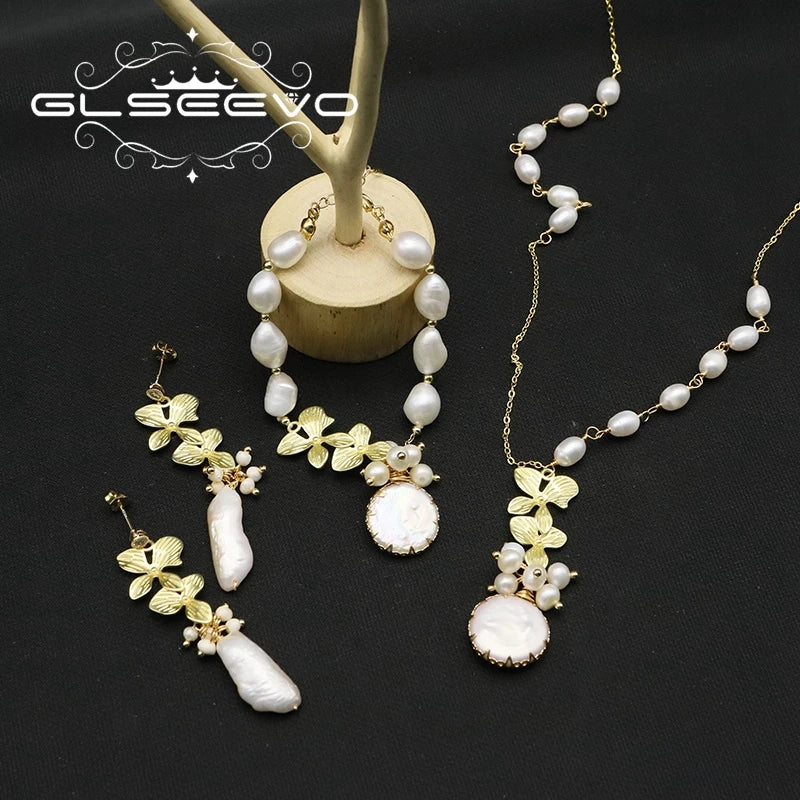 GLSEEVO Natural Freshwater Baroque Pearl & Gold Flower Leaves Jewellery Set — Necklace, Earrings & Bracelet