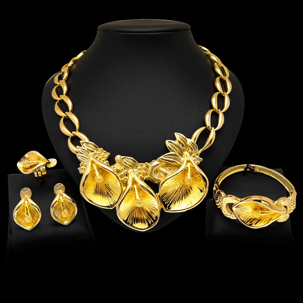 Zhuerru Italian Gold Plated Jewelry Set Leaf Shape Necklace Bracelet Earrings Jewels Sets Fashionable High-end Luxury H00159