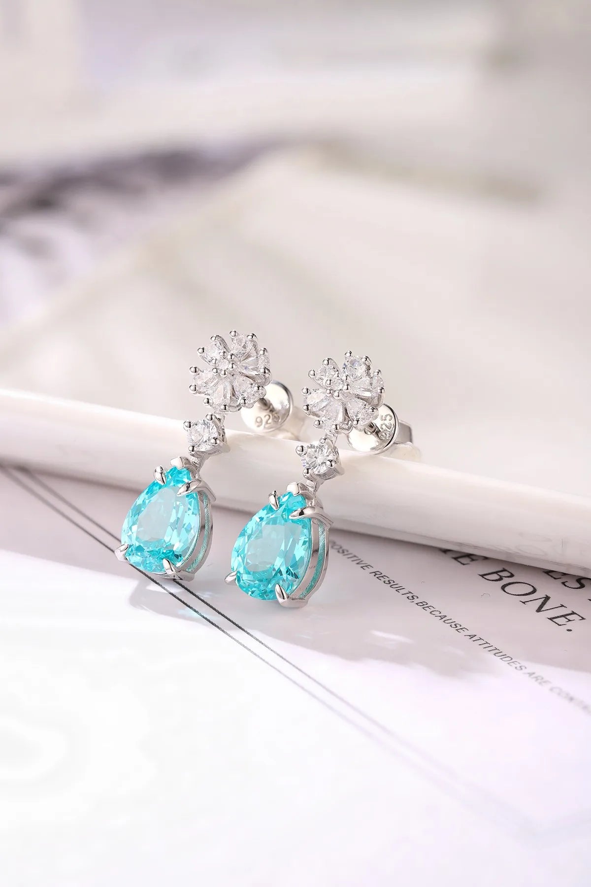 Gemfiori Anster Fine Jewelry Silver 925 White Simulated Zircon Pear Cutting 6 Ct Lab Grown Paraiba Stud Earrings for Gift