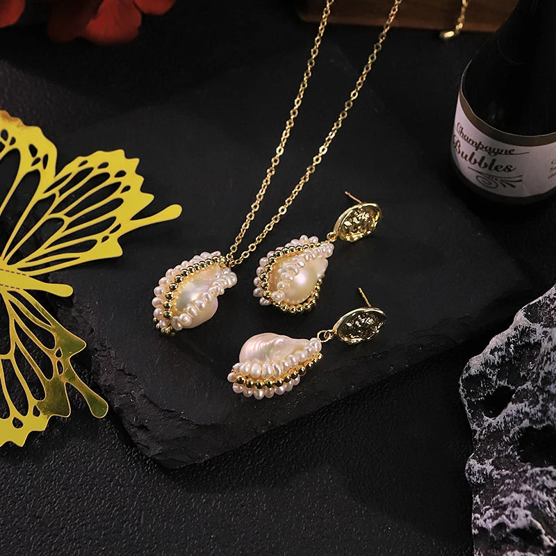 GLSEEVO Natural Baroque Pearl Jewelry Set | Necklace & Earrings | GS0238 | SASSARRI Collection