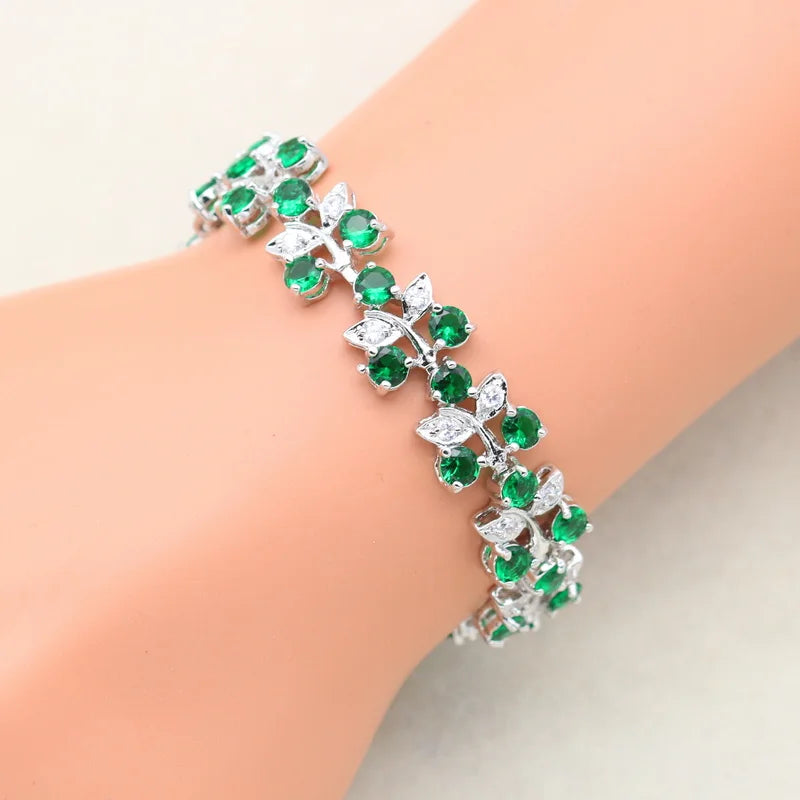 Luxurious 925 Sterling Silver Bridal Custom Jewelry Sets Green Semi-Precious Stone Classic Necklace Earrings Bracelet Wedding
