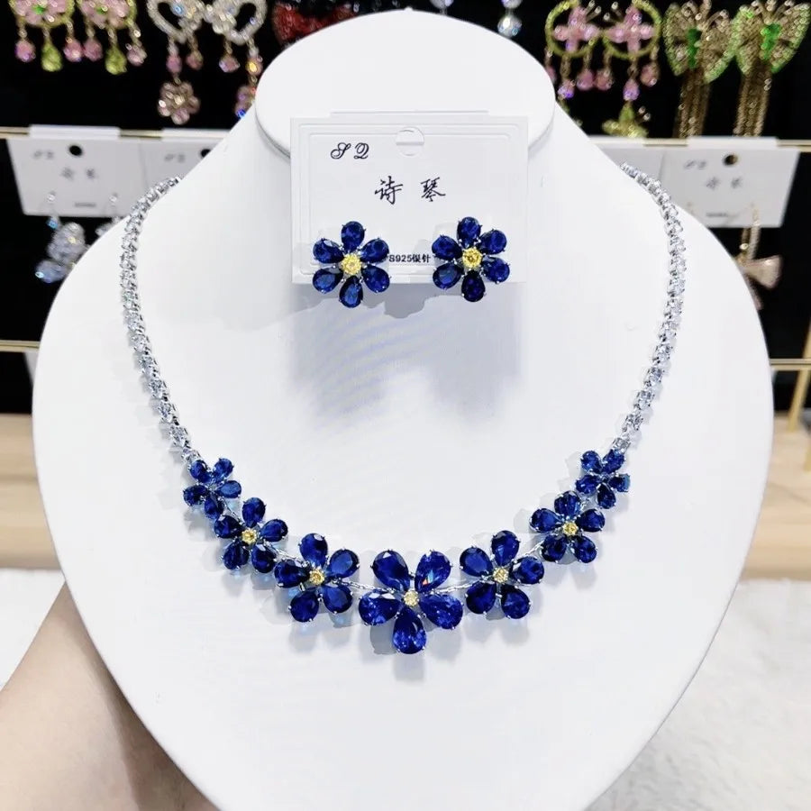 K084 Wholesale Women Trendy Luxury Flower Zircon Bridal Necklace Earrings Set Wedding Elegant Jewelry Set