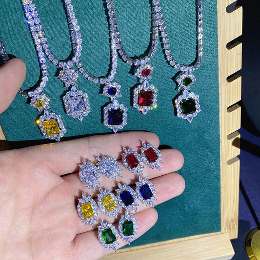 High Quality Luxury CZ Pendant Necklace Earring Set Ladies Sparkling Zircon Tennis Chain Stud Earring Wedding Engagement Jewelry