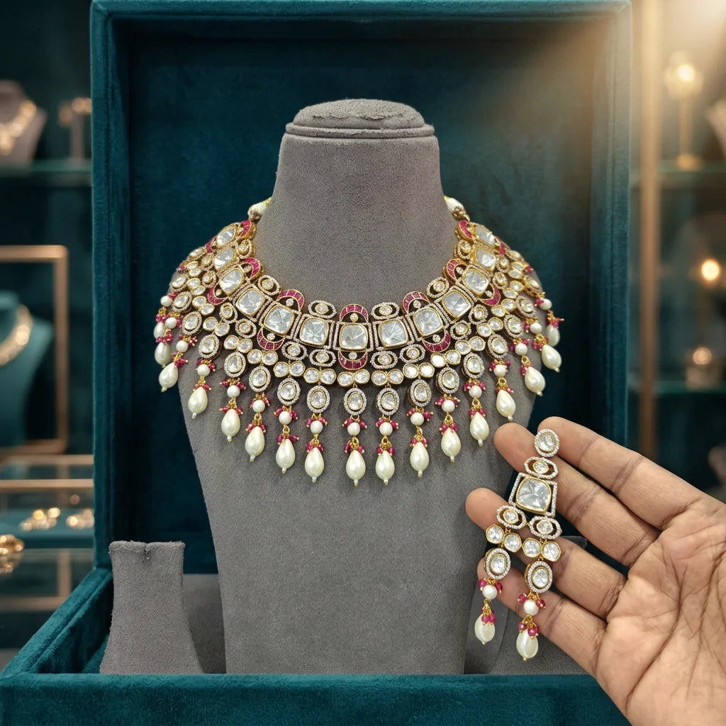 Elegant Ruby Pearl Heritage Choker Necklace Set Traditional Wedding Jewelry Designer Fashion Necklace Premium Ethnic Jewelry Set