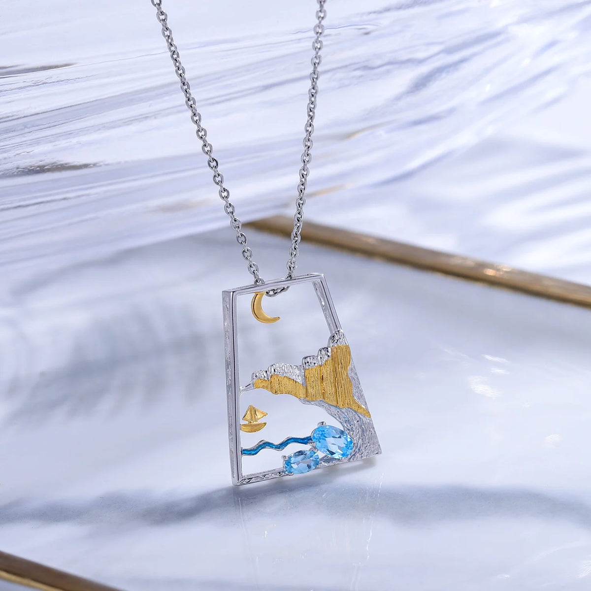 ArtistA C8208 Abiding High-end Silver 925 Landscape Natural Gemstone Swiss Blue Topaz Amethyst Peridot Earrings Pendant Jewellery Set