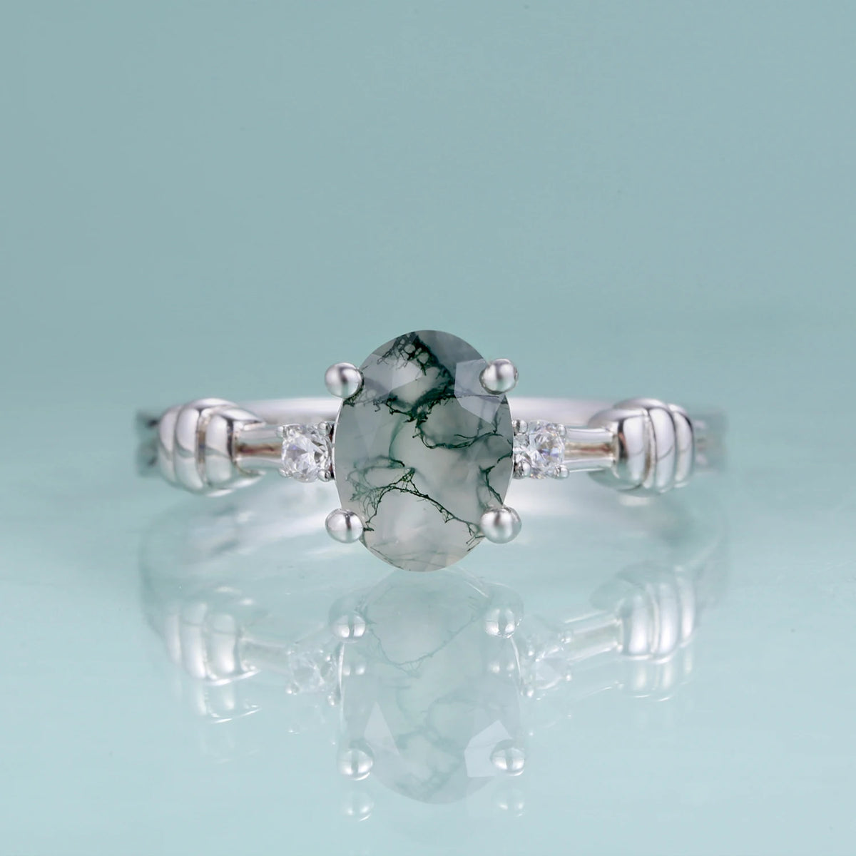 ArtistA Abiding Plated Silver 925 Natural Stone Ring Fancy Cut Natural Inspired Moss Agate Engagement Ring for Anniversary Bridal