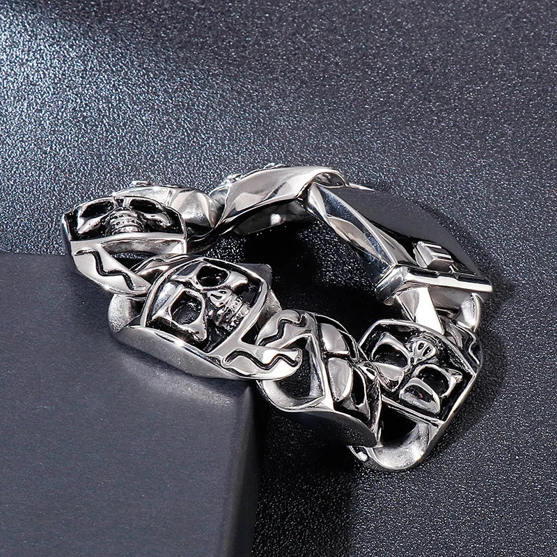 KALEN Mens Punk Style Fine Jewelry Fashion Bracelets Stainless Steel Bold Skull Links Bracelet