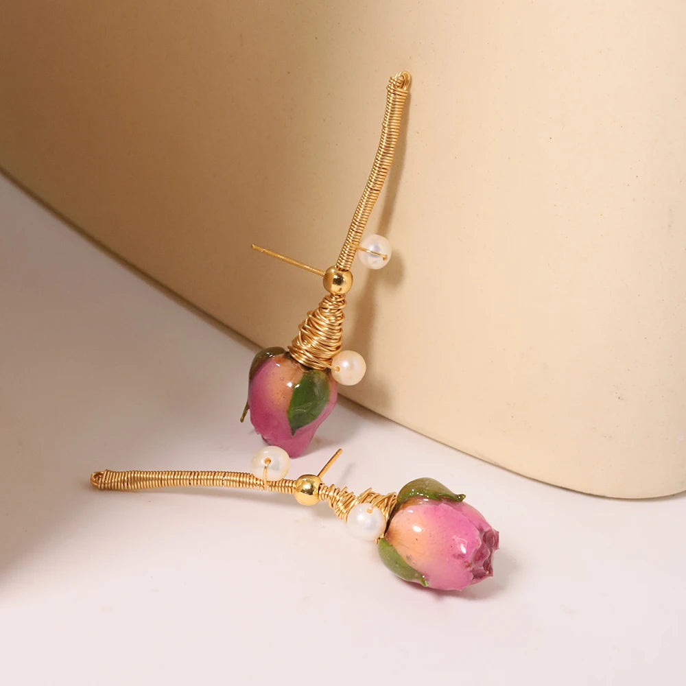 Natural Pearls Pink Bead Dropping Glue Flower Earrings Korean Style Women Luxury Jewelry Fashion Ladies and Girls Gift