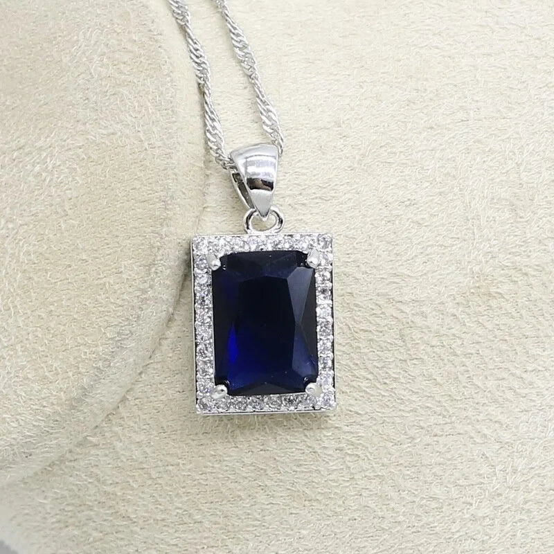 XOTICA Women's Custom Silver Set Square Blue Sapphire Rings Bracelets Earrings Pendant Necklace for Wedding Party Gift Alloy