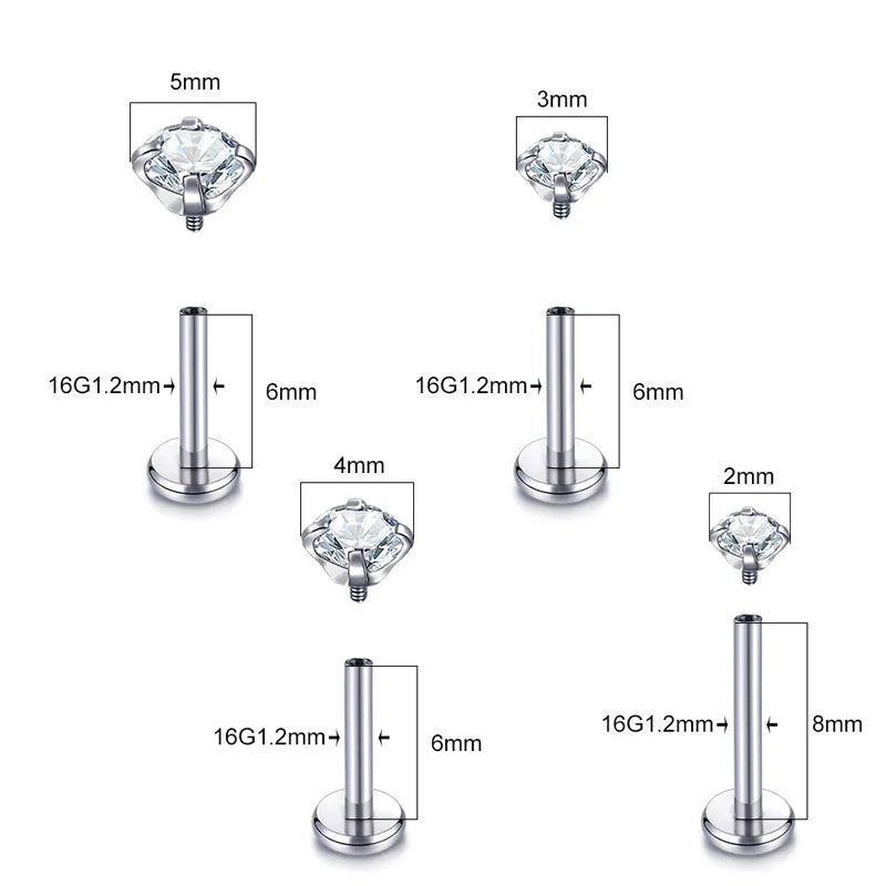 Youkeen G23 Titanium Piercing Earrings CZ Top Astm F136 Titanium Jewelry Long Thread  Top  Nose Rings Labret Helix Ear Stud