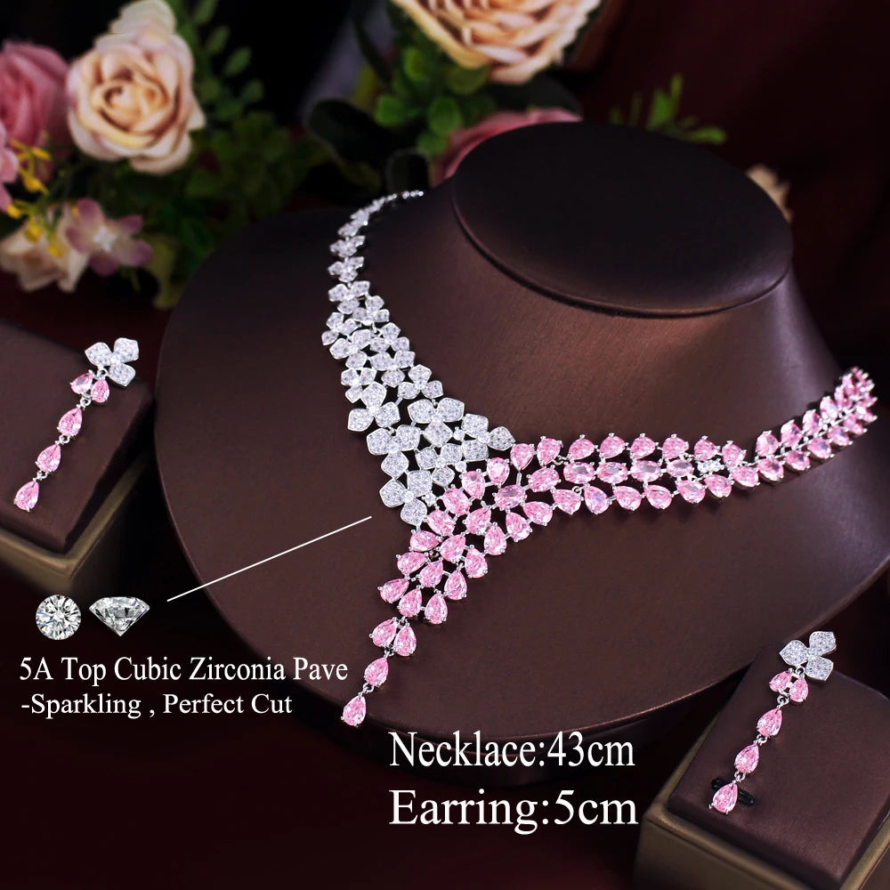 Elegant Shimmering Pink White Water Drop Cubic Zircon Long Earrings and Necklace Bridal Wedding Party Jewelry Set for Women