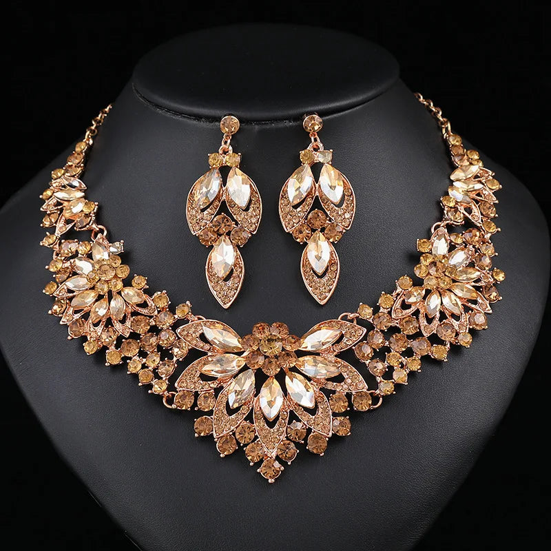 Retro Leaves & Flowers Crystal Necklace & Earrings Set | Exaggerated Luxury Bridal Jewellery | 10 Colours