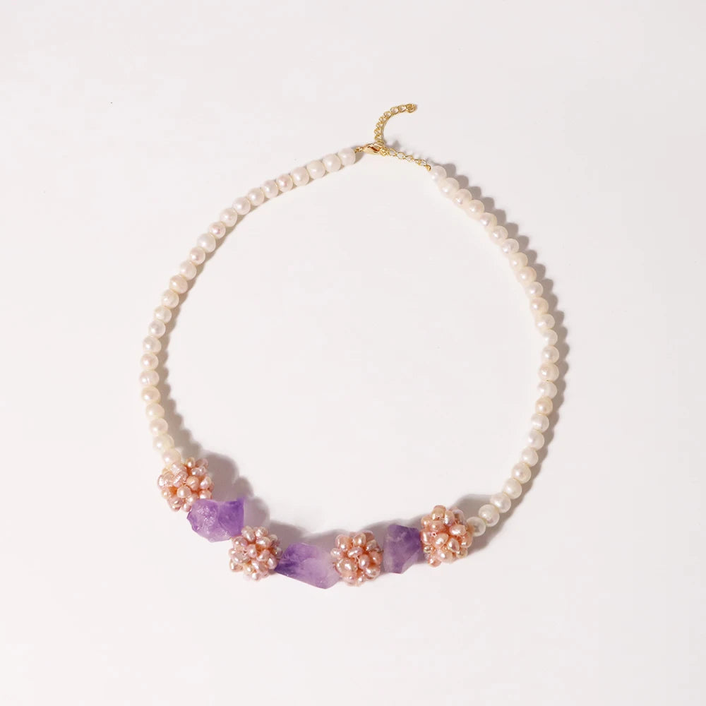 Amethyst Flower Ball Decorative Necklace Natural Freshwater Pearl Flower Cluster Necklace Hand Beaded