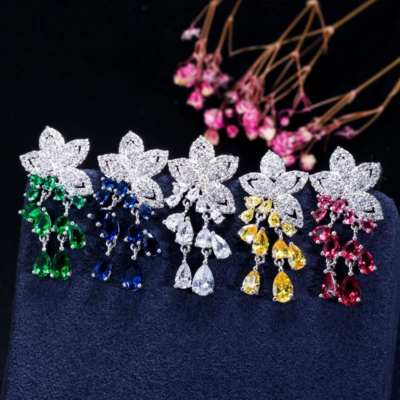 High Quality Geometric Flower Design Cubic Zirconia Crystal Women Rose Gold Color Tassel Earrings Necklace Pendant Jewelry Sets