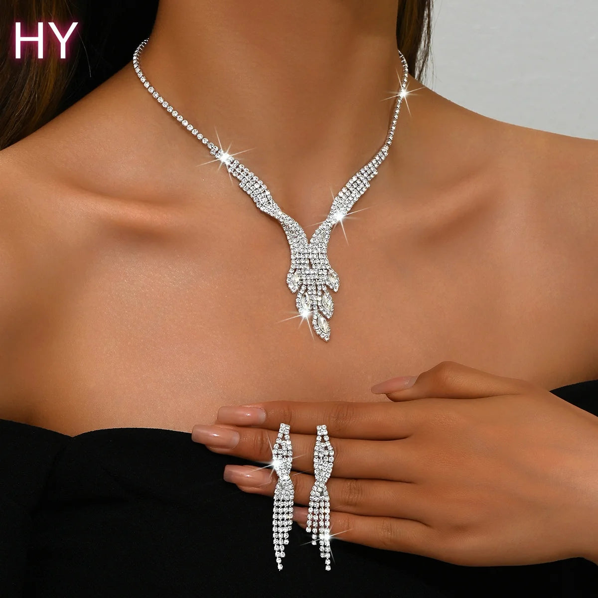 HY European and American Korean Bridal Creative Shining Necklace Earrings Fashion Set