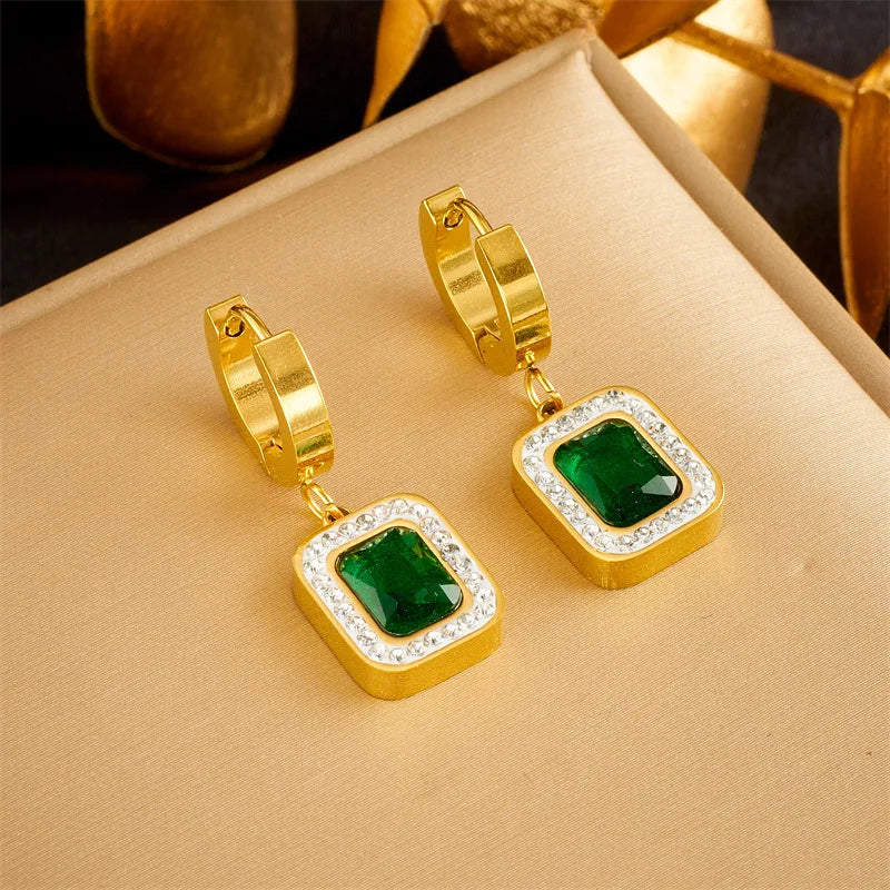 Gold Green Crystal Geometric Necklace, Earrings & Bracelet Jewellery Set | Bold Luxury Set