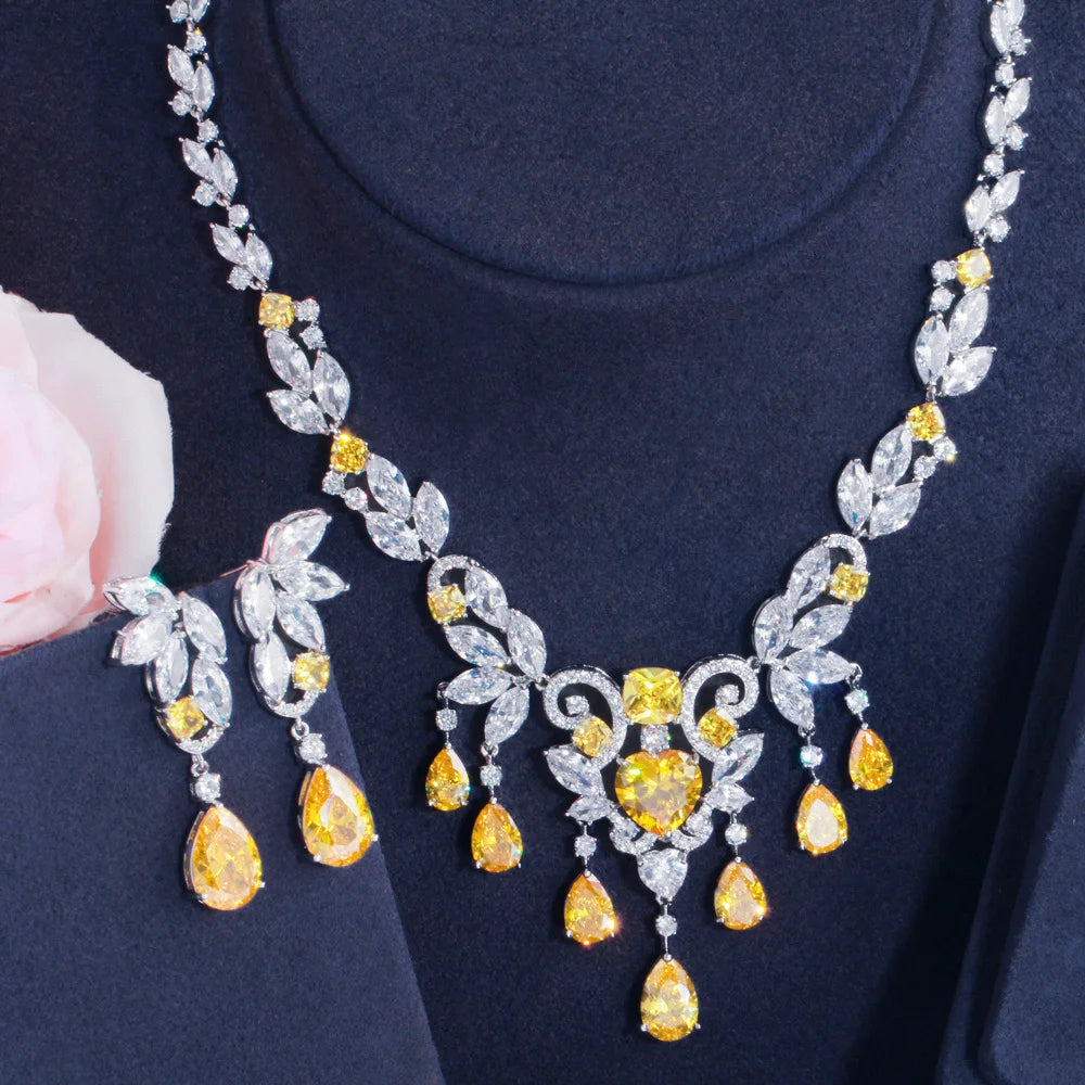 High Quality Cubic Zirconia Nigeria Tassel Necklace and Earrings Luxury Wedding Brides Yellow Jewelry Sets for Women Party