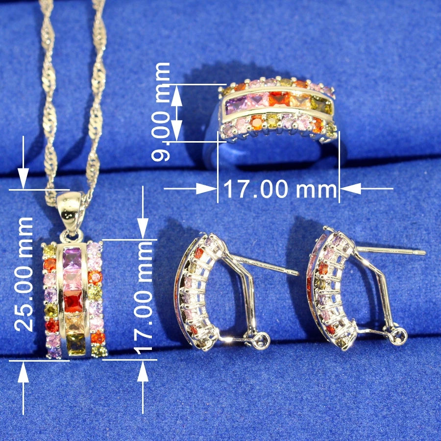 XOTICA Bridal 925 Silver Jewelry Sets Multicolor Zircon Earrings Necklace Pendant Ring for Wedding Parties Engagements Women's Gifts