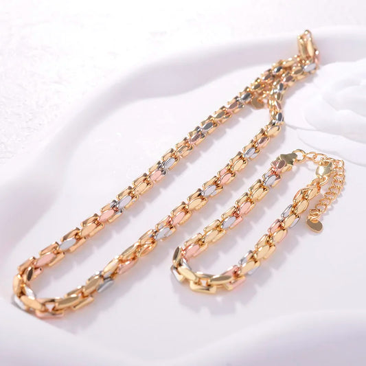 Women 45CM Tricolor Jewelry Set Women Geometric Flat Wheat Chain Luxury Design Gold Plated Fashion Jewelry Necklace Bracelet Set