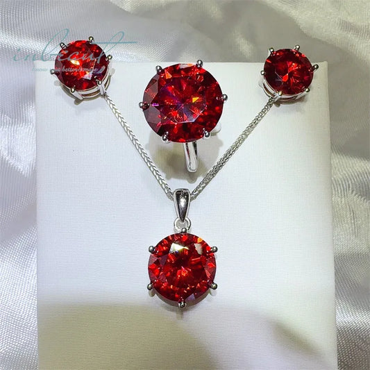 S&S 20ct Red Moissanite 925 Silver Bridal Jewellery Set | Ring, Earrings & Necklace | S&S Collection