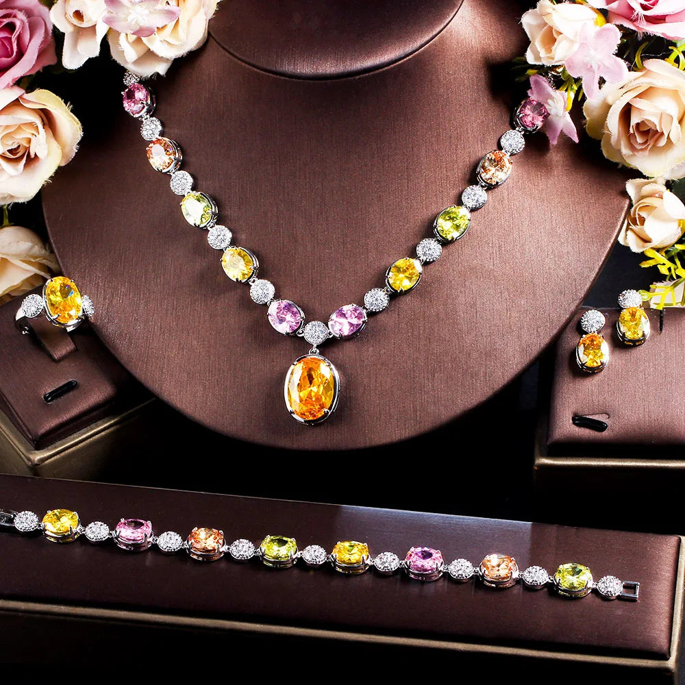 4pcs Luxury Jewelry Set Shiny Multi Color Yellow Oval Cubic Zircon Adjustable Ring Necklace Bracelet Earring for Women Wedding