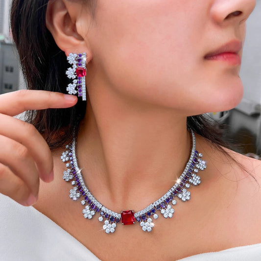 Gorgeous Flower Necklace and Earrings Purple Red Bridal Jewelry Set for Women Luxury Wedding Dress Accessories