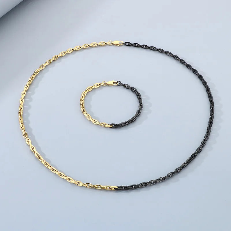 Kalen Fashion Personality Stainless Steel Necklace for Men Women Black Gold Plated Chain Bracelet Jewelry Set