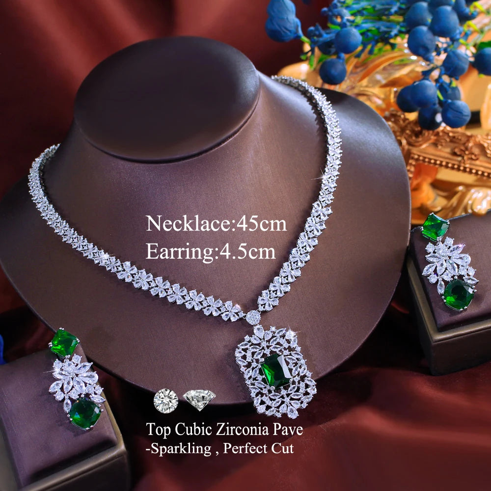 White Gold Color Blue Shiny Cubic Zircon Stone Indian Women Luxury Wedding Necklace and Earrings Costume Jewelry Set for Brides