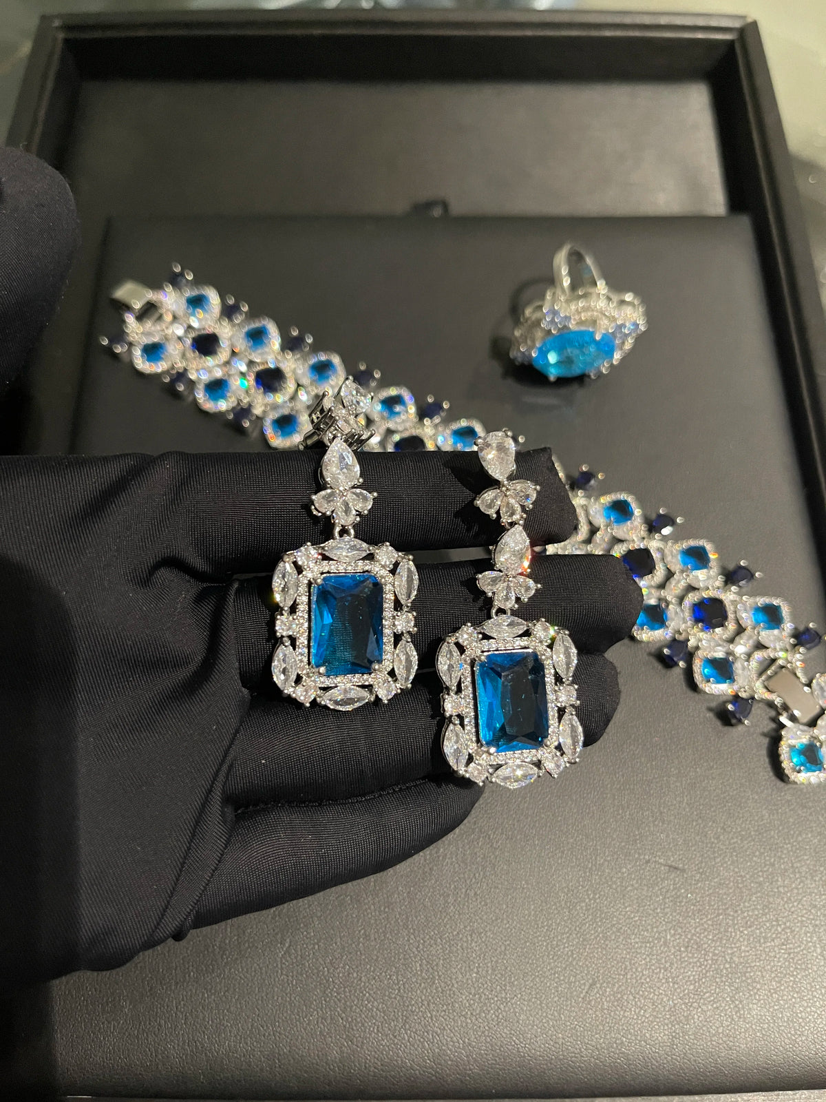 XOTICA TIANSHE Luxury Blue Gemstone Jewelry Long Drop Earrings Bracelet Ring 3Pcs Set Wedding Banquet for Women
