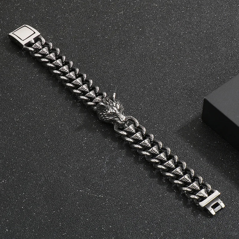 KALEN 22cm Punk Stainless Steel Bracelet Wolf Head Chain Men Bracelet
