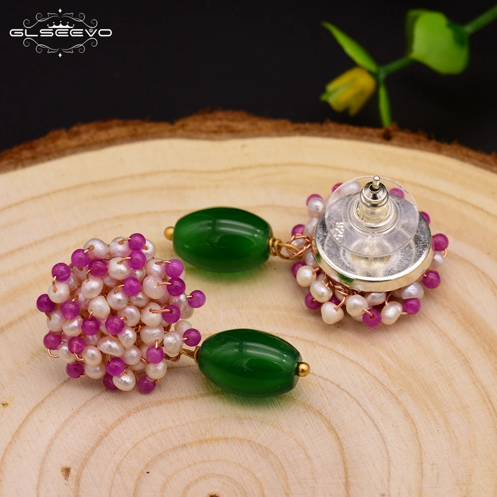Natural Freshwater Pearl Green Agate Drop Earrings for Women White Pink Beads 925 Sterling Silver Flower Earrings Jewelry