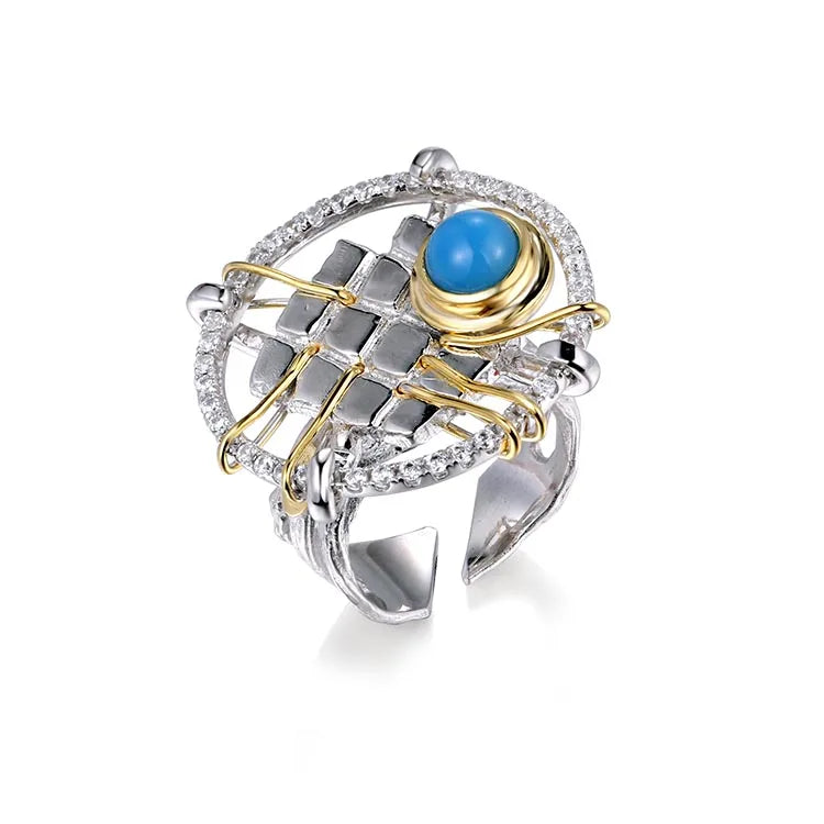 Wholesale Personality Jewelry 925 Sterling Silver 18K Gold Plating Syn TurquoiseRing
