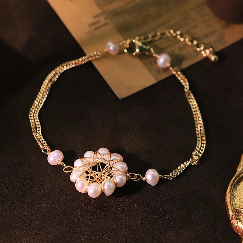 GLSEEVO Natural Freshwater Pearl Flower Chain 925 Sterling Silver Necklace, Earrings & Bracelet Set — Luxury Design