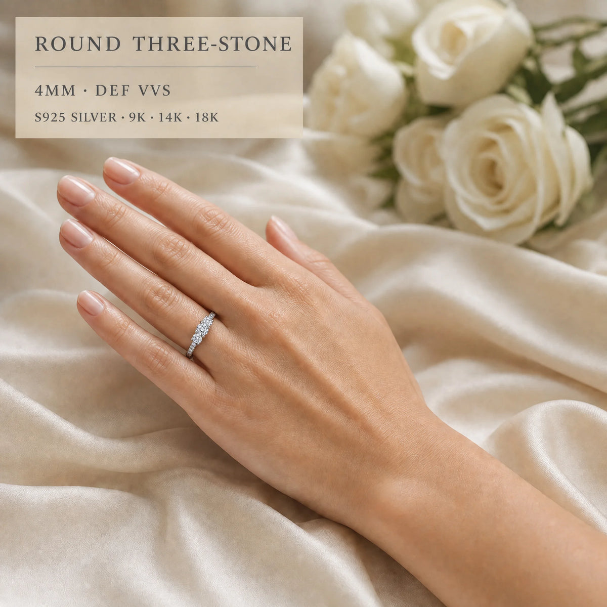Gioiellieri Three Stone Round Brilliant Lab Grown Diamond Ring DEF VVS 4mm 9K 10K 14K 18K White/Yellow/Rose Gold Women Fine Fashion Jewelry