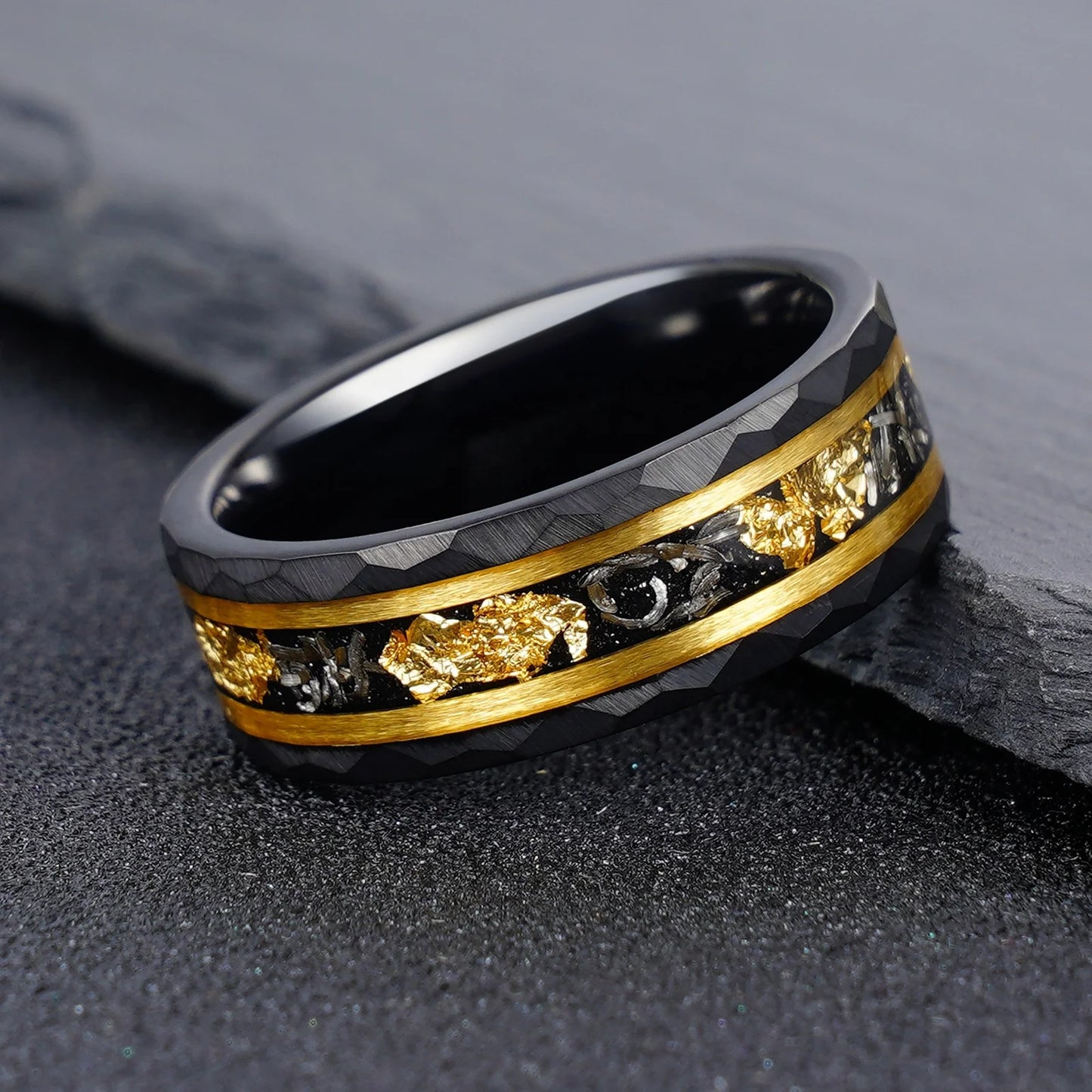 Classic 8mm Black Tungsten Carbide Ring Gold Foil Iron Shavings Inlay Wedding Band Men Anniversary Jewelry