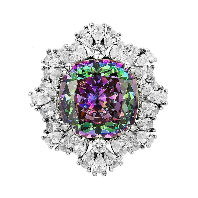 REDheart Square Full Zircon Rhodium Movable Opening Ring Simulation Bird's Nest Cut Seven Color Fashion Wedding Party Gift Pendant Set