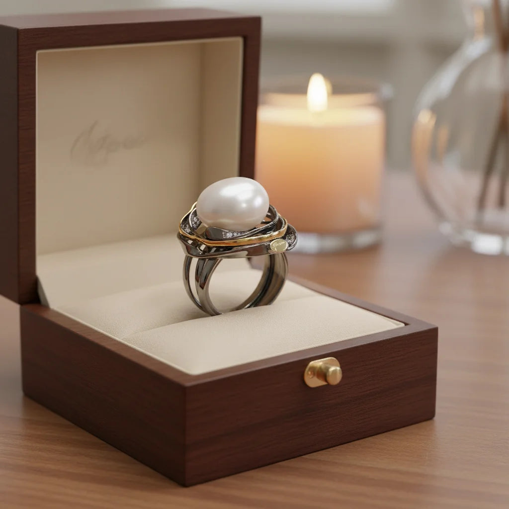 Freshwater Button Pearl 925 Sterling Silver Black Gold Plated Ring  for Women